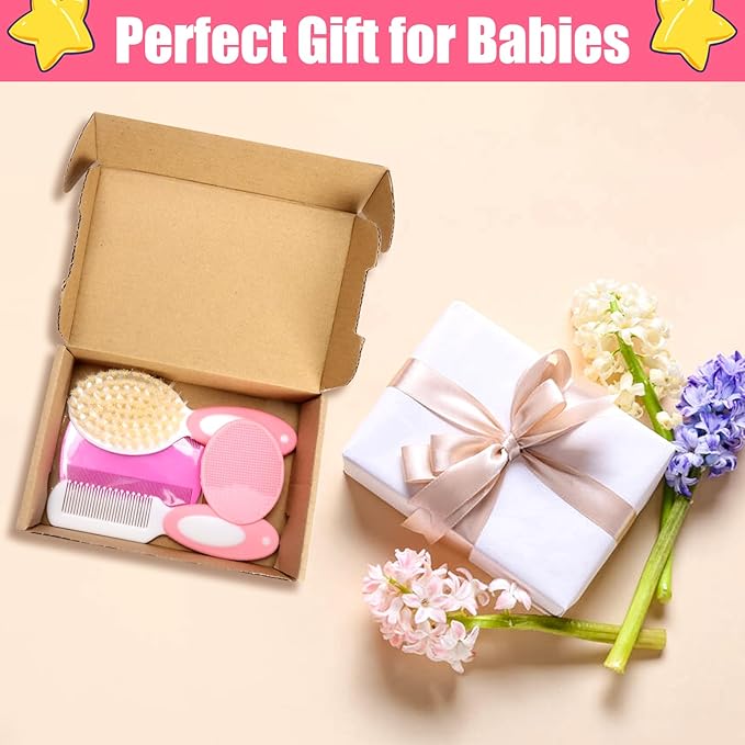 Baby Hair Brush and Comb Set, 4Pcs Baby Soft Bristles Brush Cradle Cap Brush Hair Comb for Newborns Toddlers Boys Girls (Pink)-CubbioJoy