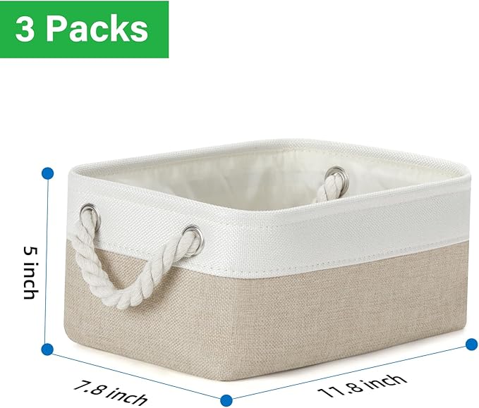 Bidtakay Small Baskets Fabric Storage Baskets for Organizing 3-Pack 12x8x5 Inch Collapsible Storage Bins for Shelves Canvas Bins for Closet Organization Baskets Storage Linen Closet S-White&Beige-CubbioJoy