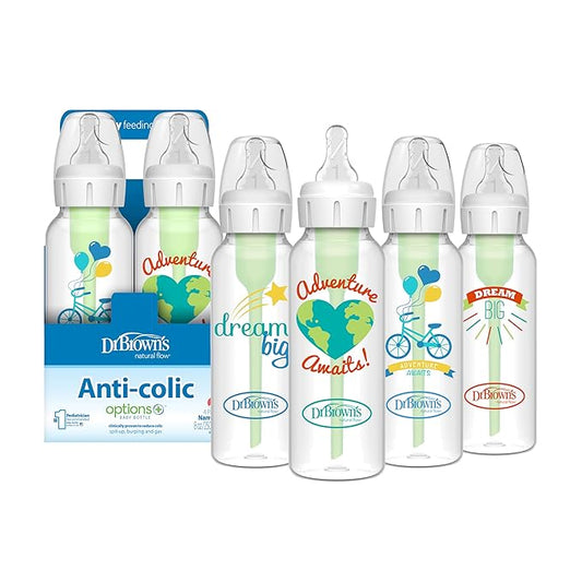 Dr. Brown's Natural Flow Anti-Colic Options+ Narrow Baby Bottle, Dream Adventure, 8 oz/250 mL, with Level 1 Slow Flow Nipple, 0m+, 4 Count (Pack of 1)-CubbioJoy