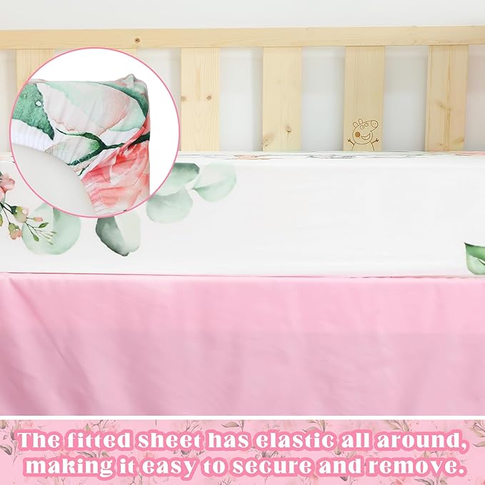 3 Pcs Baby Crib Bedding Set Safari Animals Dinosaurs Bear Woodland Animals Jungle Crib Set Includes Quilt, Fitted Sheet, Skirt for Baby Boy Girl(Pink,Safari)-CubbioJoy