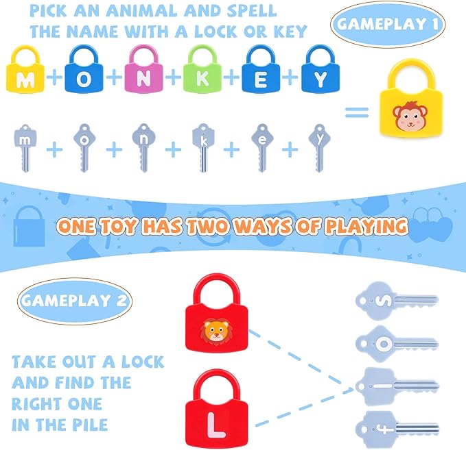 AXEARTE Montessori Educational Toys - Alphabet Learning Locks and Keys for Toddlers - 26 Locks & Keys Set - Baby Sensory Fine Motor Skills Toys - ABC Locks and Keys-CubbioJoy