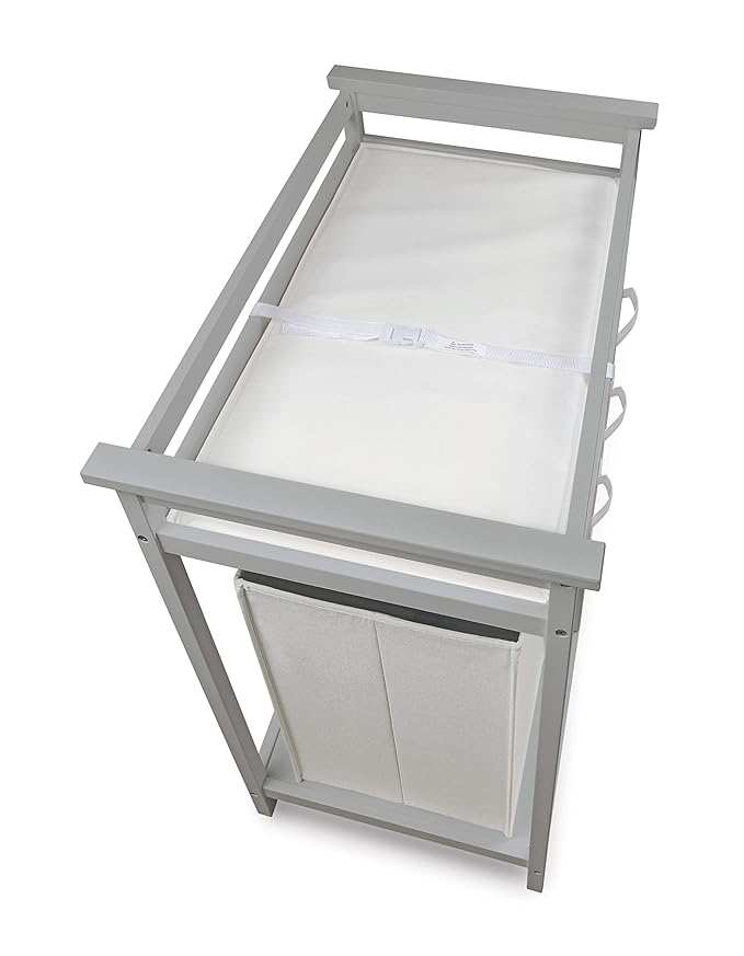 Badger Basket Modern Baby Changing Table - Nursery Furniture with Laundry Hamper and 3 Storage Drawers - Diaper Changing Station with Safety Belt, Changing Pad, Organizer Baskets - Cool Gray and White-CubbioJoy