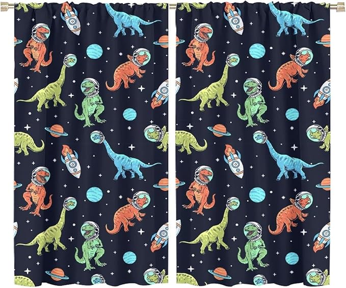 Cartoon Dinosaur Curtains for Kids Boys Girls Home Decor, Astronaut Rocket Funny Outer Space Blackout Rod Pocket Window Drapes for Bedroom Living Room W36xL63in 2 Panels-CubbioJoy