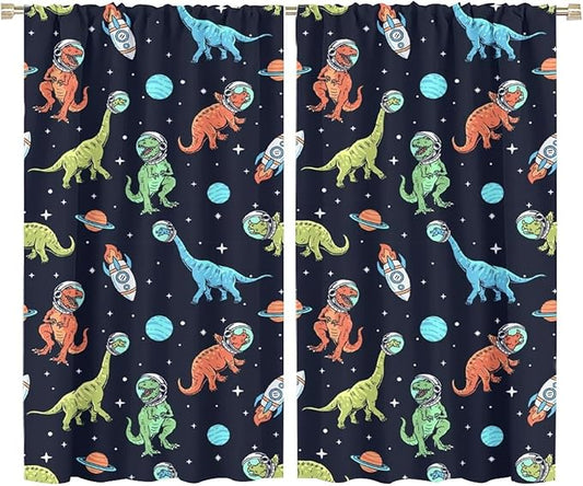 Cartoon Dinosaur Curtains for Kids Boys Girls Home Decor, Astronaut Rocket Funny Outer Space Blackout Rod Pocket Window Drapes for Bedroom Living Room W36xL63in 2 Panels-CubbioJoy