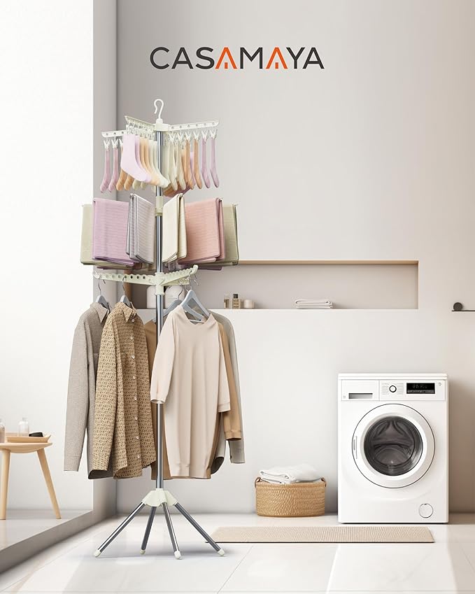 Clothes Drying Rack Foldable, 79.5 inch 3 Tier Laundry Drying Rack with Rotating Clothes Rail for 27 Pieces of Clothes and 24 Clips for Hanging Socks,Space Saving, White and Silver CDR003W01-CubbioJoy