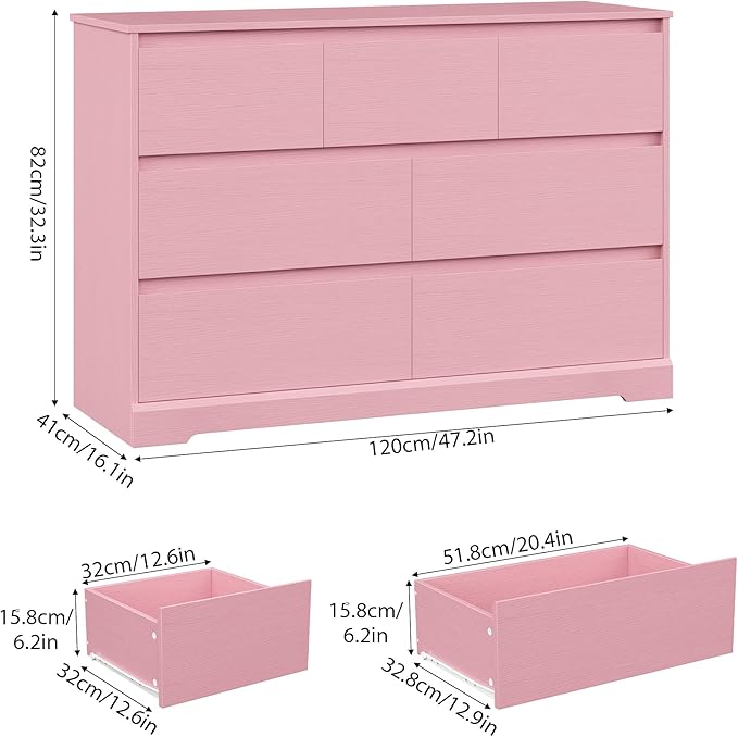Dresser for Bedroom, Modern Pink Dresser, Wood Chest of Drawers Nursery Dressers, with Storage, 7 Drawer Double with Handle Free, Large Storage Organizer for Living Room,Pink-CubbioJoy
