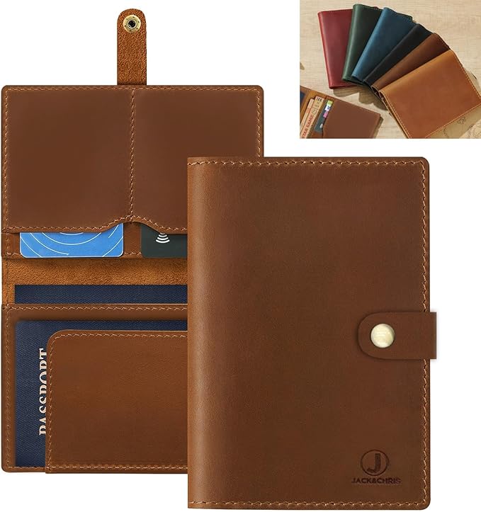 Jack&Chris Genuine Leather Passport Holder For Travel, RFID Blocking Handmade Passport Holder with Card Case Organized & Safe, Quality Travel Essentials for Women and Men for Gifting, Brown-CubbioJoy
