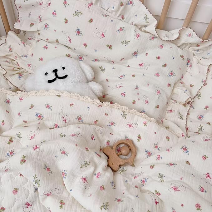 BuLuTu 100% Cotton Standard Pillow Case for Kids, 1 pc, 20"x26", Pink Floral Sheep Design Pillow Cover Muslin Gauze Pillow Protector for Children Girls Boys Bedding Gift, Envelope Closure-CubbioJoy