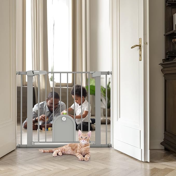Babelio Auto Close Baby Gate with Small Cat Door, 29-43" Metal Cat Gate for Doorway, Stairs, House, Easy Walk Thru Dog Gate with pet Door, Includes 4 Wall Cups and 3 Extension Pieces, Gray-CubbioJoy