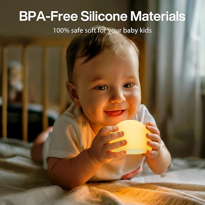 JolyWell Baby Night Light for Nursery, Soft Silicone Tap Control Night Lamp with 8 Color Changing, Stepless Dimming, Rechargeable Portable Night Light for Kids, 1H-Timer, Warm Light for Breastfeeding-CubbioJoy