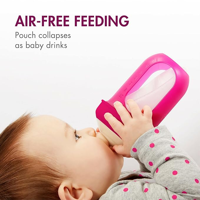 Boon Nursh Reusable Silicone Pouch Baby Bottles - Medium Flow Nipple - Silicone Baby Bottle Pouch and Nipple - Baby Feeding Essentials - Pink - 3-6 Months - 3 Count - 8 Ounce-CubbioJoy