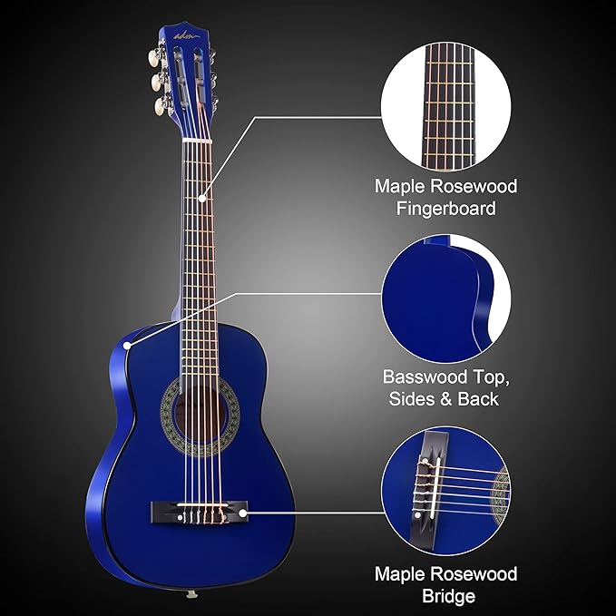 ADM Beginner Acoustic Classical Guitar 30 Inch Nylon Strings Wooden Guitar Bundle Kit for Kid Boy Girl Student Youth Guitarra Online Lessons with Gig Bag, Strap, Tuner, Extra Strings, Picks,Blue-CubbioJoy