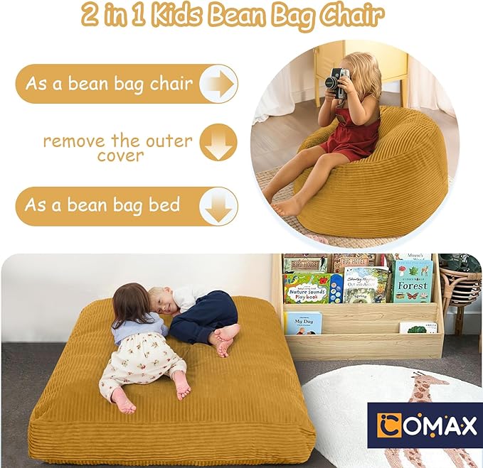 COMAX Kids Bean Bag Chair Turn into Beanbag Bed, Toddler Bean Chair Corduroy for Girl Boy Sleeping, Lazy Children Bean Bags with Filler, Convertible Child Floor Mattress, Yellow-CubbioJoy