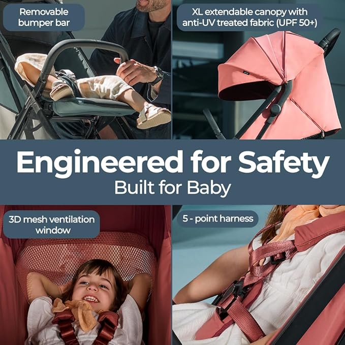 Inglesina Quid³ Stroller, Aurora Pink - Compact Reclining Travel Stroller for Baby & Toddler 0-55 lbs, One Hand fold, Car seat Compatible, Airplane Overhead, Lightweight, Foldable, XL UPF 50+ Canopy-CubbioJoy