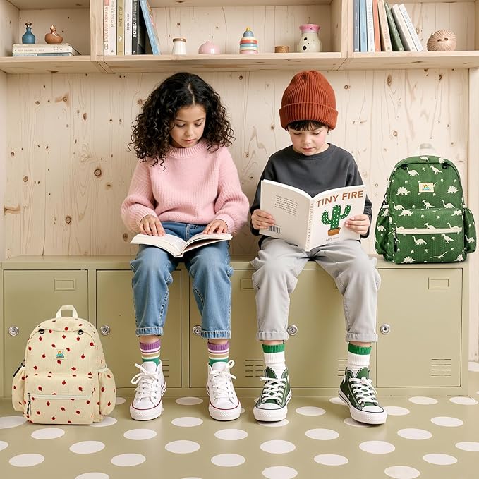 Corduroy Kids Backpack for Girls and Boys 5-8: Girls Backpack for Elementary Kindergarten - 15 inch Cute Backpacks for Kids - Strawberry-CubbioJoy