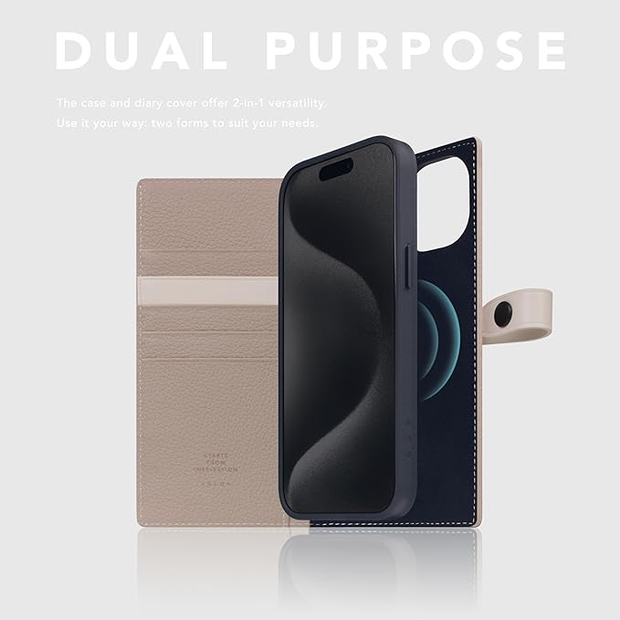 D8 Edition Full Grain Leather Wallet Case for iPhone 15 Plus - [2-in-1] Handcrafted Detachable Diary Style with Magnetic MagSafe Back Cover and Snap Closure, Gift Box Included (Light Cream)-CubbioJoy