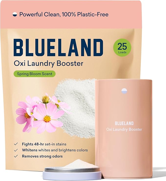 BLUELAND Oxi Laundry Booster Powder with Tin, Starter Set, Spring Bloom Scent, 25 Loads, 17.6 oz, Plastic-Free, Eco Friendly, Oxy Cleaner, Stain Remover-CubbioJoy