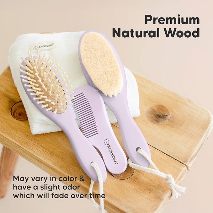 Baby Hair Brush and Comb Set for Newborn - Wooden Baby Hair Brush Set with Soft Goat Bristle, Baby Brush Set for Newborns, Baby Brush and Comb Set Girl, Boy, Toddler Cradle Cap Brush (Oval, Thistle)-CubbioJoy