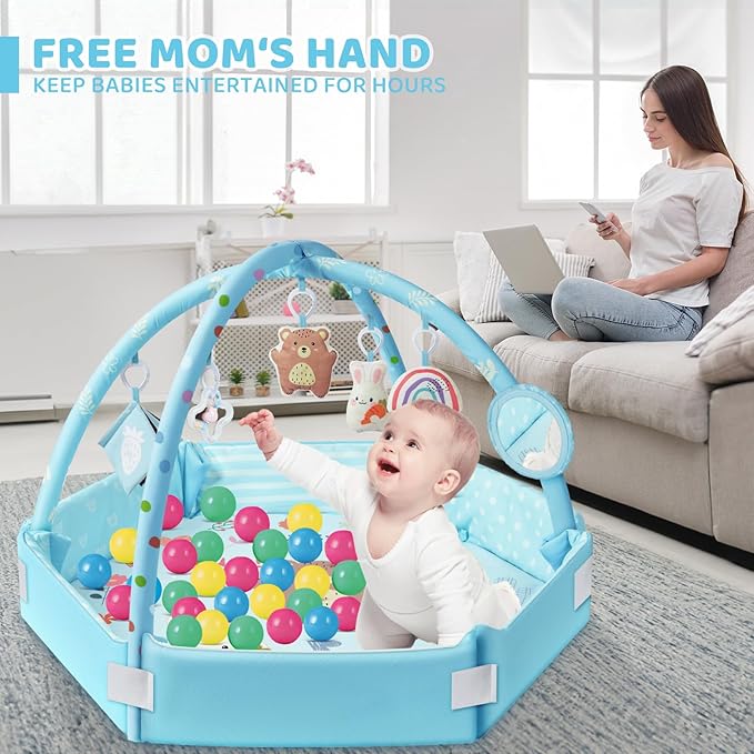 Baby Gym Play Mat, 8-in-1 Tummy Time Mat & Ball Pit with 6 Toys, Washable Baby Activity Mat for Visual, Hearing, Sensory, Motor Development, Baby Gift for Newborn Infant 0-3-6-9-12 Months (Blue)-CubbioJoy