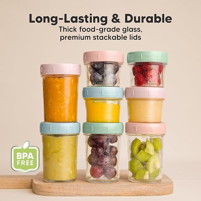 KeaBabies 4pk 8oz Glass Baby Food Containers with Lids - Leak-Proof, Microwavable Small Glass Jars, Baby Purees & Toddler Snack Storage Containers, BPA-Free, Dishwasher & Freezer Safe (Musk Dusk)-CubbioJoy