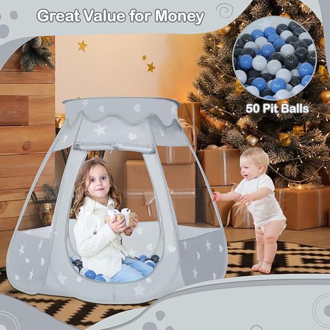 Baby Ball Pit for Toddler with 50 Balls, Kids Pop Up Play Tent for Girls, Princess Toys Gifts for Children Indoor & Outdoor Playhouse (Gray: Gray/White/Babyblue, 109x90cm/50 Balls)-CubbioJoy