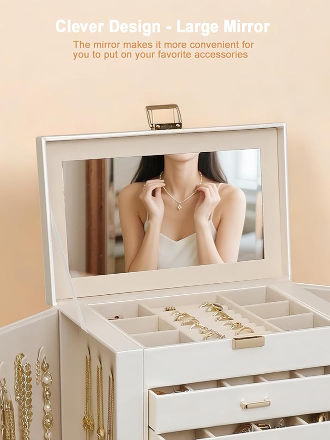BOOVO Jewelry Box For women, 6 Layer Large Jewelry Organizer With Mirror, Multi-Function Storage Box With Lock, Necklace Holder With 5 Drawers, For Earrings Necklace Bracelet (Pearl White and Gold)-CubbioJoy