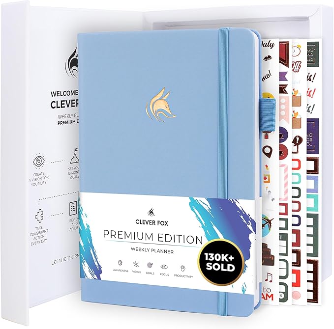 Clever Fox Planner Premium Edition – Undated Luxurious Weekly & Monthly Planner to Increase Productivity and Hit Your Goals – Organizer – Start Anytime, A5, Lasts 1 Year, Light Blue (Weekly)-CubbioJoy