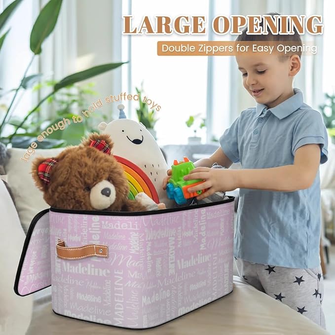 Custom Storage Basket with Name, Personalized Storage Bins with Zipper Lid, Foldable Fabric Storage Box Large capacity with Handle Grey Pink Gradient-CubbioJoy