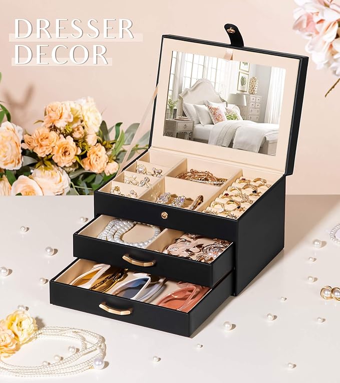 Black Jewelry Box Organizer: Home Decor for Women - 2-Drawer Holder for Valentine’s Day Birthday Christmas Black Gold-CubbioJoy