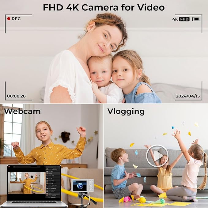 Digital Camera, 44MP 4K Auto Focus Point and Shoot Kids Video Camera with 64GB SD Card 2 Batteries 16X Digital Zoom Compact Portable Small Camera Gifts for Teens Kids Boys Girls(White)-CubbioJoy