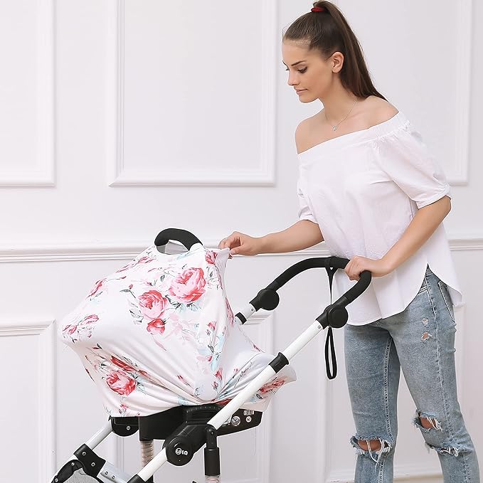 Baby Car Seat Covers - Stroller Canopy Breastfeeding Covers, Multi-use Carseat Canopy, for Boys and Girls Shower Gift (Print Flower)-CubbioJoy
