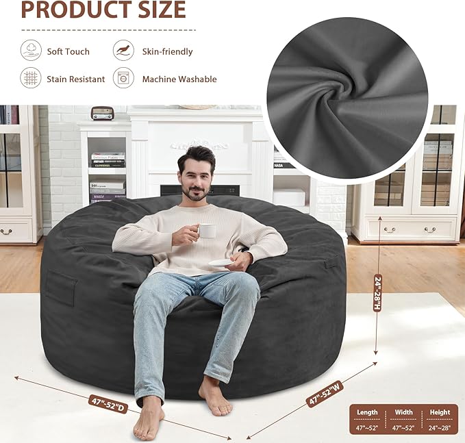 5FT Bean Bag Chair, Large Bean Bag Chairs with Memory Foam Filled, Fluffy Beanbag Sofa with Dutch Velvet Cover, Round BeanBag Chairs for Living Room, Playroom - Grey-CubbioJoy