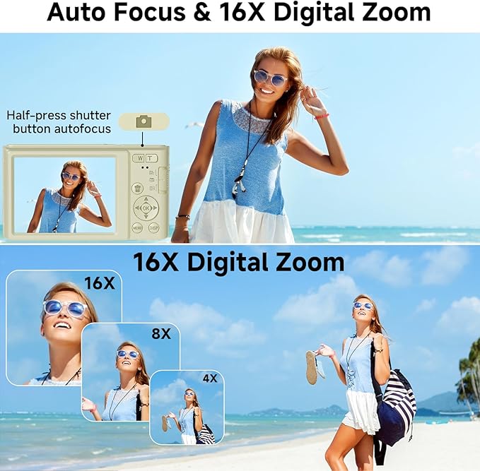 Digital Camera, FHD 4K 44MP Digital Camera, 16X Digital Zoom, Digital Point and Shoot Camera with 3-LED Fill Lights, 64GB SD Card, Compact Camera for Kids Teen Boys Girls, Cream-CubbioJoy