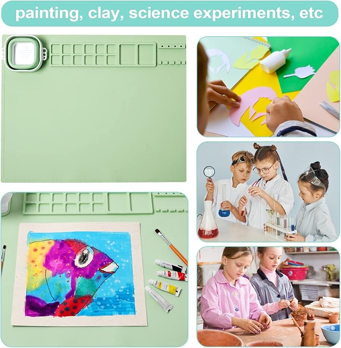 AWOKE Silicone Painting Mat for Table Protection - 20"X16" Washable Art Mat with 1 Water Cup for Kids - Craft Mat has 12 Color Dividers - 2 Paint Palettes (Green), Toddler Activities, Girl Boy Gifts-CubbioJoy