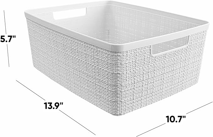 Curver Set of 6 Jute Medium Decorative Plastic Organization and Storage Baskets, Perfect Bins for Home Office, Closet Shelves, Kitchen Pantry and All Bedroom Essentials, White-CubbioJoy