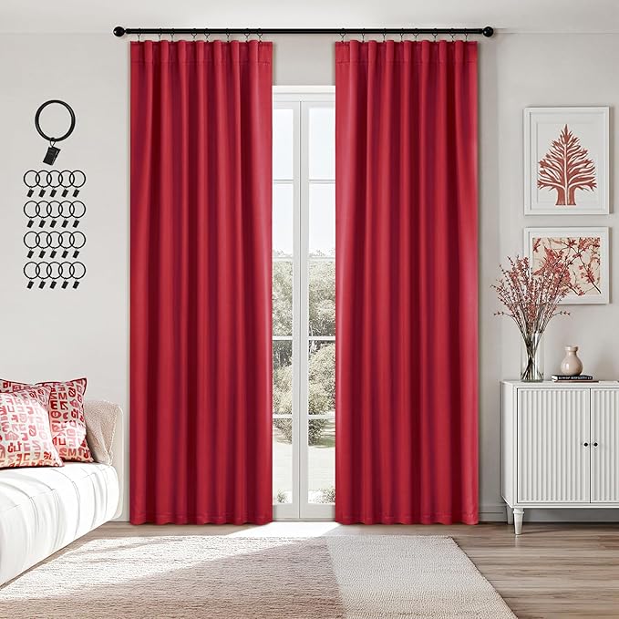 ANRODUO Back Tab Blackout Curtains for Bedroom Living Room, Rod Pocket Pinch Pleated Thermal Insulated Room Darkening Curtains 90 Inches Long 2 Panels, Red, 42 x 90 Inch-CubbioJoy