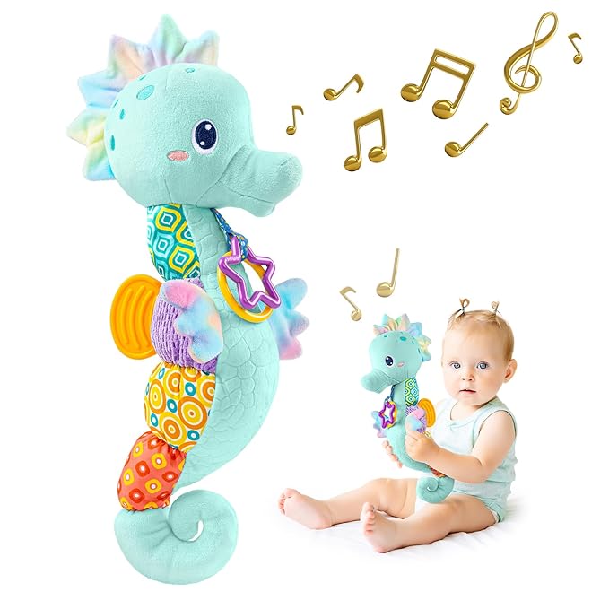 Sumobaby Infant Baby Musical Stuffed Animal Activity Soft Toys with Multi-Sensory Crinkle, Rattle and Textures, for Tummy Time Newborn 0-3-6-12 Months Boys, Girls, Seahorses, Blue-CubbioJoy