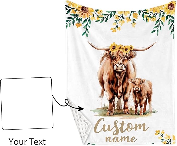Custom Nursery Crib Bedding Set: Personalized Name 4 Piece Yellow Highland Cattle Design Baby Crib Sets for Girls - Toddler Double Layer Blanket Set, Comfortable Crib Bed Sheets for Baby Toddlers-CubbioJoy
