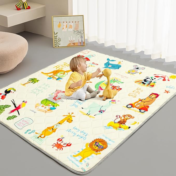 Baby Play Mat - Thicken 71x59 Inch Soft Foam Crawling Mat for Playpen & Floor, Non-Slip Waterproof Playmats for Infants & Toddlers, Portable Foldable & Machine Washable, Beach Animals-CubbioJoy