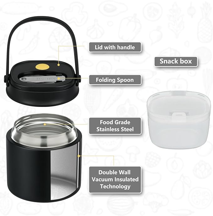 2 - in - 1 Soup Thermo for Hot Food 14oz with Snack Box Container Leak Proof Insulated Lunch Container Kids and Adults Stainless Steel Double Wall Vacuum Wide-mouth Thermal with Spoon and Handle-CubbioJoy