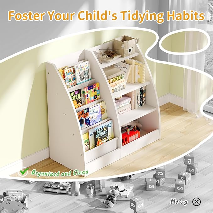 4 Tier Kids Bookshelf Set of 2, 4 Layer Sling Kids Book Shelf for Kids Rooms,Wood Children Bookcase,Baby Storage Book Rack,Toddler Bookshelf, Book and Toy Organizer,Book Display Shelf for Nursery-CubbioJoy