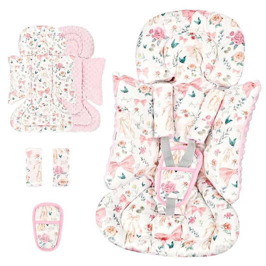 3-in-1 Infant Car Seat Insert, Soft Head and Body Support,Ultra & Strap Covers Set, Reversible Newborn Car Seat Cushion Pad for Baby Boy & Girl fits Stroller, Swing, Bouncer (Pink Bow)-CubbioJoy