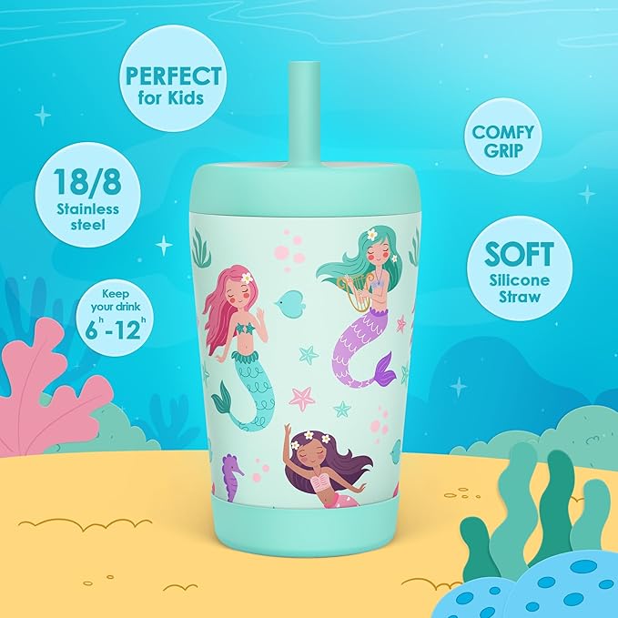 Kid Insulated Stainless Steel Tumbler with Silicone Straw, 12oz Sippy Cup for Kids (Magical Mermaids)-CubbioJoy