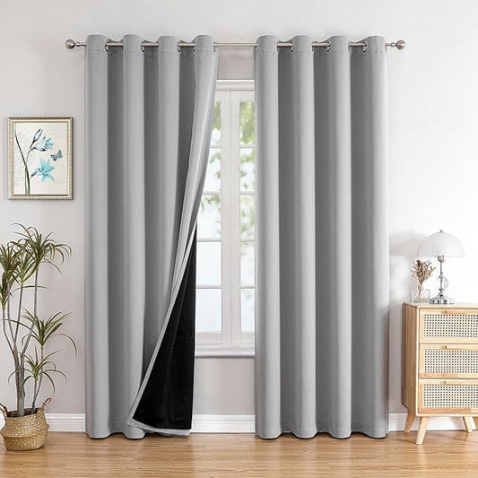 ChrisDowa 100% Blackout Curtains for Bedroom with Black Liner, 2 Thick Layers Total Blackout Thermal Insulated Grommet Window Curtains 84 Inch Long 2 Panels Set (Light Grey, 52 x 84 Inch)-CubbioJoy