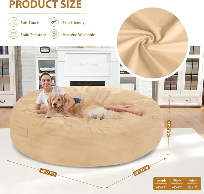 7FT Bean Bag Chair, Large Bean Bag Chairs with Memory Foam Filled, Fluffy Beanbag Sofa with Dutch Velvet Cover, Round BeanBag Chairs for Living Room, Playroom - Khaki-CubbioJoy