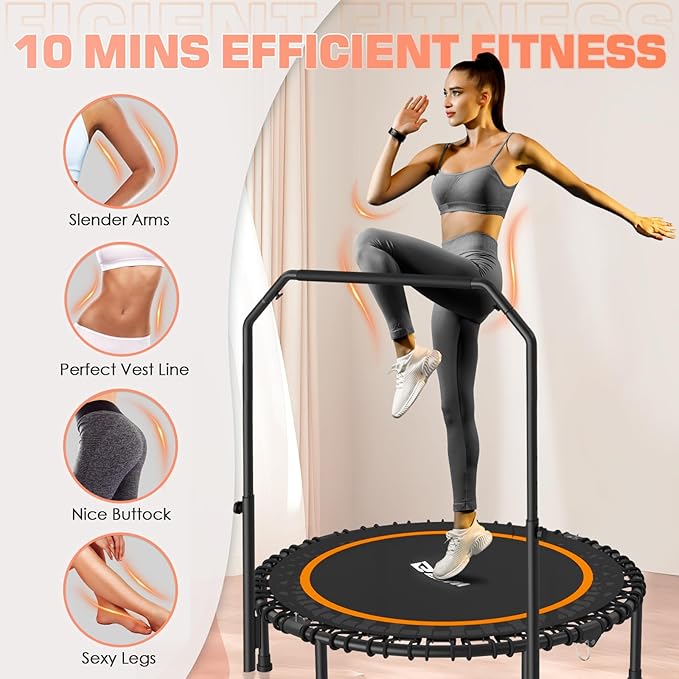 BCAN 40"/48" Mini Rebounder Trampoline for Adults with Bar, 450/550LBS Fitness Trampoline with Bungees, Adjustable Handle, Stable & Quiet, Indoor Outdoor, Whole-Body Workout & Relaxation at Home-CubbioJoy