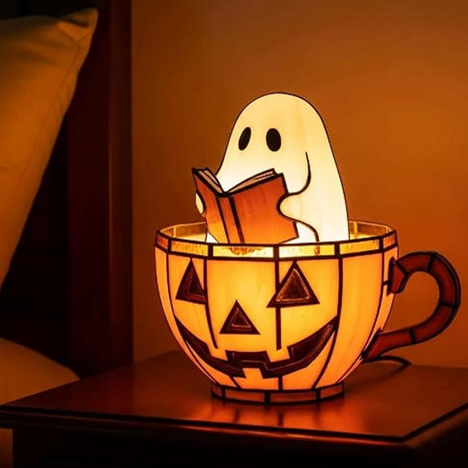 Cute Pumpkin Ghost Reading Book Lamp, USB Cute Spooky Night Light - Halloween Decor, Light Up Pumpkin Ghost Nightlight for Bathroom, Reading, Kids Room Gift-CubbioJoy