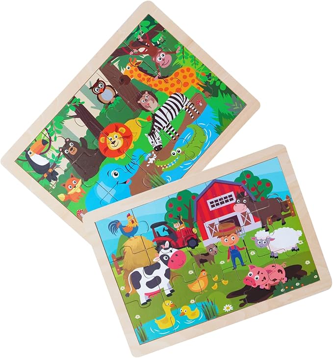 Animals Wooden Jigsaw Puzzle for Kids Set of 2 - African Wildlife and Farm Animals（15 pcs） Preschool Educational Learning Toys Gift for Toddlers Boys and Girls-CubbioJoy