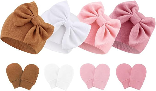 BQUBO Newborn Baby Hats Mittens Set Hospital Hat Beanie Infant Bow Hats Baby Gloves No Scratch Mittens for 0-6 Months-CubbioJoy