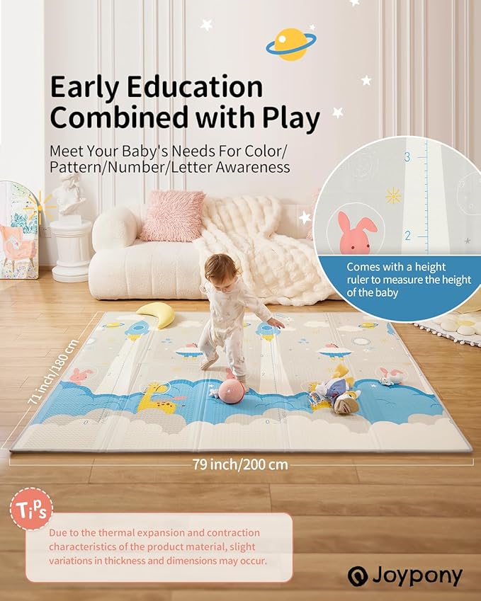 Baby Play Mat 79x71x0.6 inches, Fabric Cloth Surface Extra Large & Thick Foldable Play Mats for Baby Girls Boys, Waterproof & Anti-Slip Portable Baby Floor Mat for Tummy Time with Travel Bag-CubbioJoy
